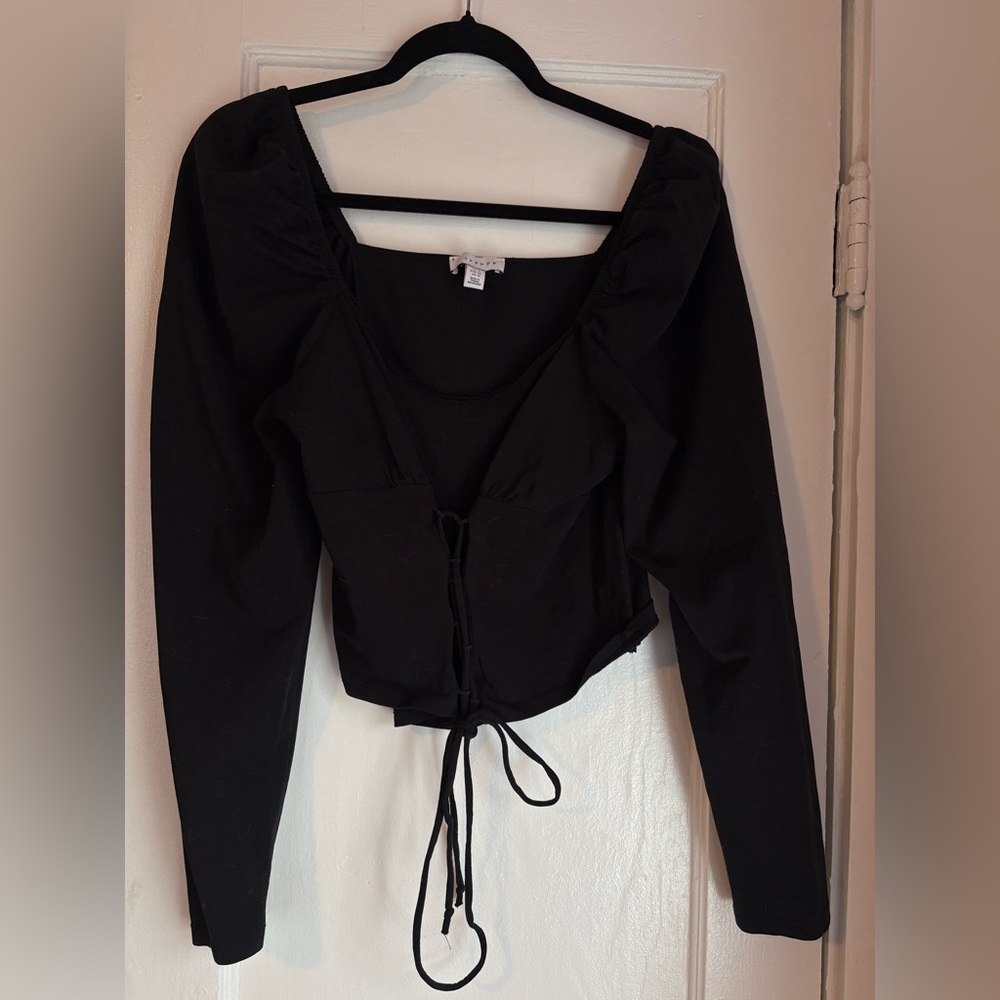 Topshop Black Puff Sleeve Corset Top Lace-Up Back Size 14
